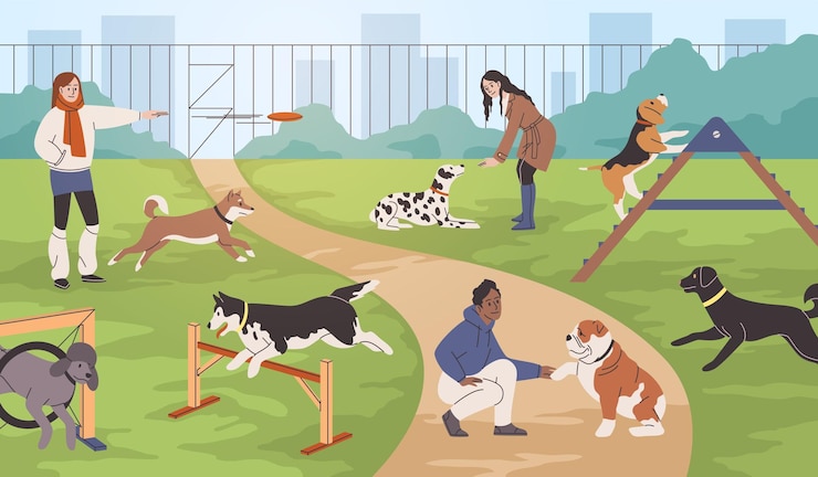 Vettore processo di addestramento del cane i proprietari passeggiano i loro animali domestici sul parco giochi per cani con simulatori giochi con gli animali attività all'aperto primavera estate parco sfondo ordinato concetto di cartone animato vettoriale piatto