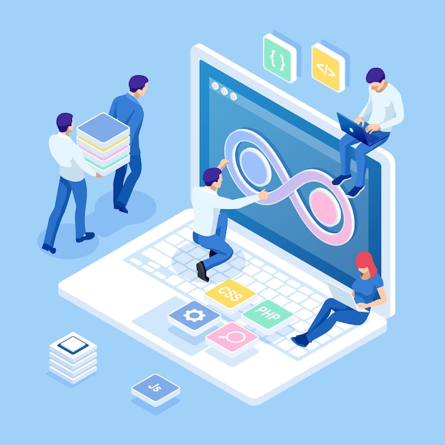 Processo tecnologico isometrico di Sviluppo software Sviluppo Web e codifica Sito Web di sviluppo multipiattaforma