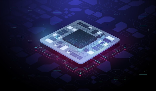 Processore di microchip futuristico Illustrazione moderna della CPU Concetto di database del computer quantistico Tech Modello futuristico Processori per computer centrali Chip digitale con elementi HUD