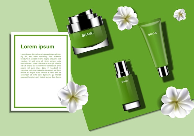 Prodotti cosmetici su sfondo verde geometrico
