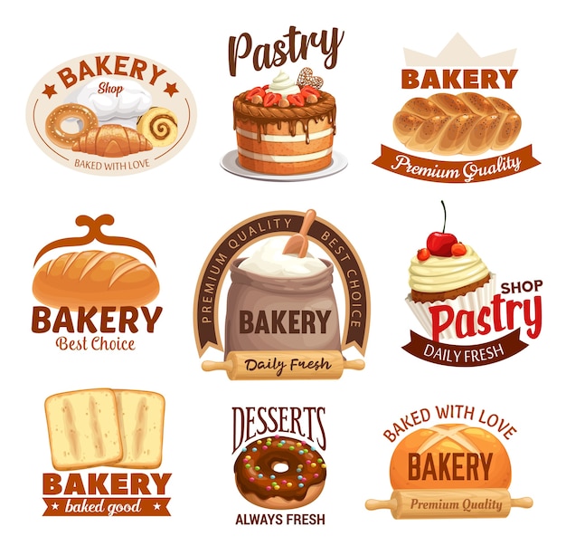 Prodotti da forno etichette pane, dolci dolci e pasticceria.