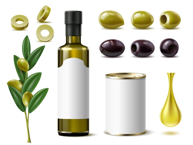 Prodotti di oliva realistici olive in salamoia in lattina bianca bottiglia di olio di vetro etichetta vuota fattorie di goccia alimenti verdure mediterranee diverse angolazioni di visualizzazione set vettoriale 3d isolato utter