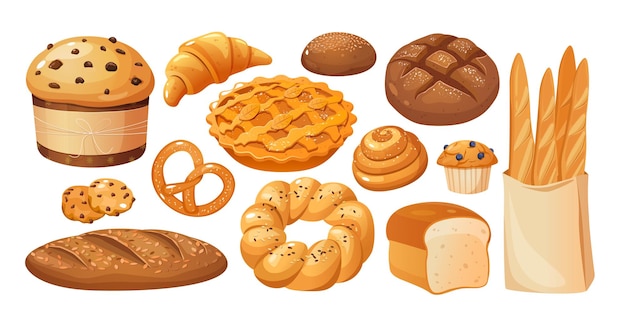 Prodotti di panetteria collezione di cartoni animati vettoriali con pane fresco panini baguette francesi croissant ecc.
