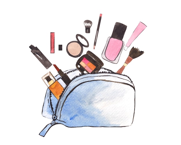 Prodotti per il trucco ad acquerello con borsa a mano
