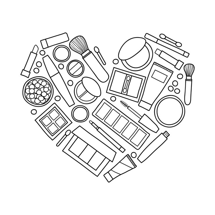 Prodotti per il trucco disegnati a mano a forma di cuore