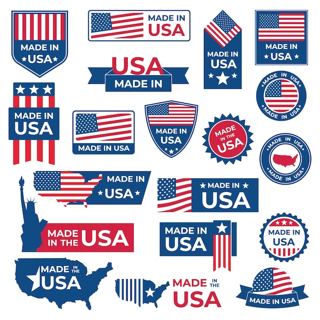 Prodotto negli Stati Uniti distintivi impostati etichette americane logo patriottico o francobollo illustrazione vettoriale