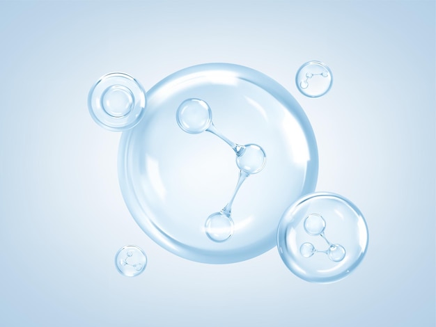 Prodotto per la cura della pelle a bolle di collagene liquido trasparente con molecole all'interno di bolle di acido ialuronico