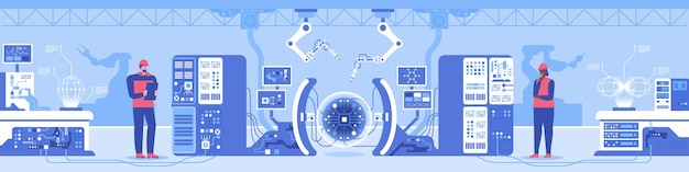 Produzione automatizzata moderna con il concetto di tecnologia robotica Le mani dei robot creano un enorme processo di controllo degli ingegneri dei lavoratori dei microchip su apparecchiature ad alta tecnologia Illustrazione dei caratteri vettoriali dell'industria tecnologica
