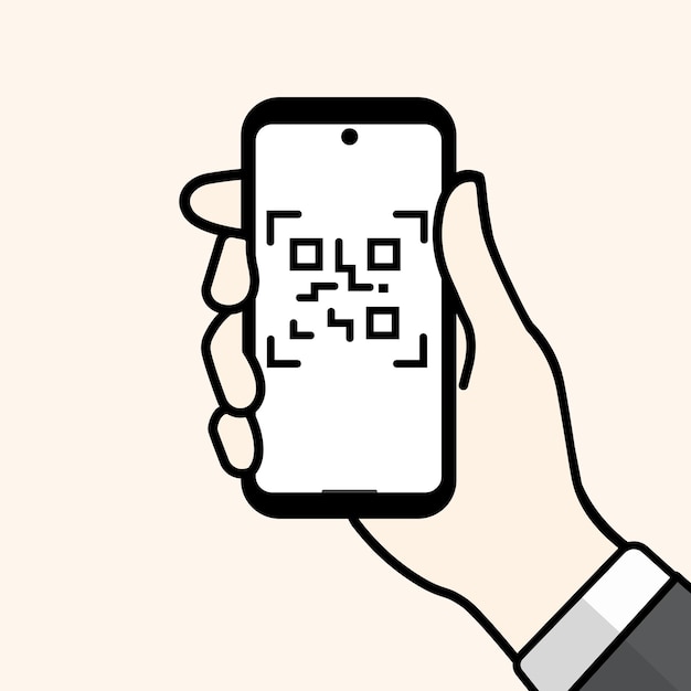 Professionista d'affari con la mano che tiene uno smartphone con codice QR isolato su uno sfondo bianco Vector illust