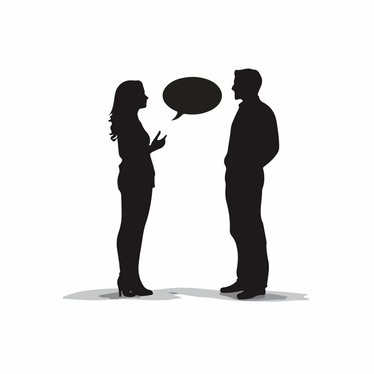 Vettore professionisti che discutono idee con bolle e ombre del linguaggio