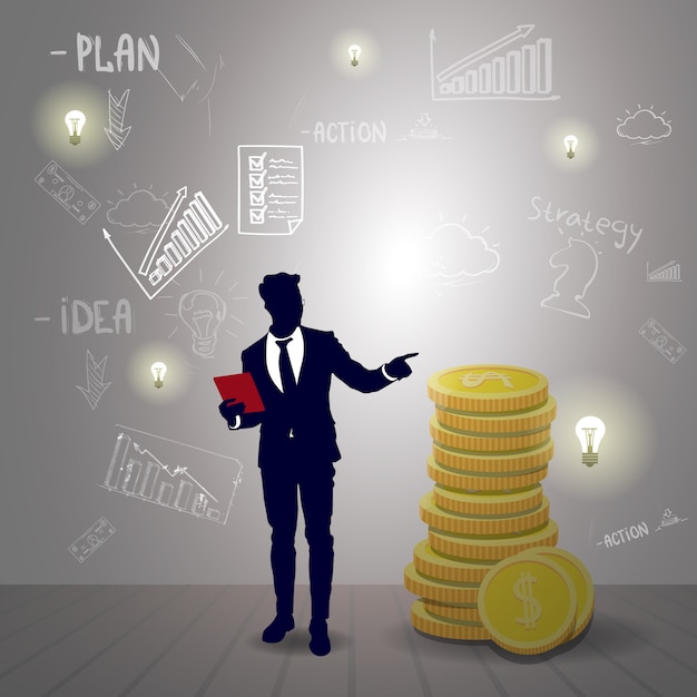 Profili l'uomo di affari con la relazione finanziaria di successo di finanza grafica di schizzo