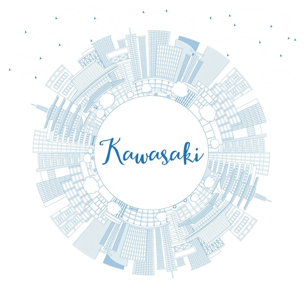 Profilo dello skyline della città di Kawasaki Giappone con edifici blu e spazio di copia. Illustrazione di vettore. Viaggi d'affari e concetto di turismo con architettura storica. Kawasaki paesaggio urbano con punti di riferimento.