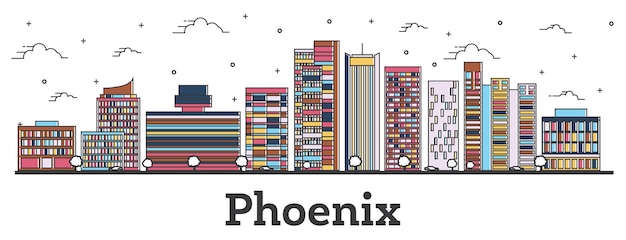 Profilo dello skyline della città di Phoenix Arizona con edifici di colore isolato su bianco. Illustrazione di vettore. Paesaggio urbano di Phoenix USA con punti di riferimento.