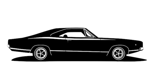 Profilo di muscle car americana di vettore. Design classico della grafica del veicolo. Sagoma hot rod in bianco e nero. Etichetta per auto per logo web, produzione di stampe.