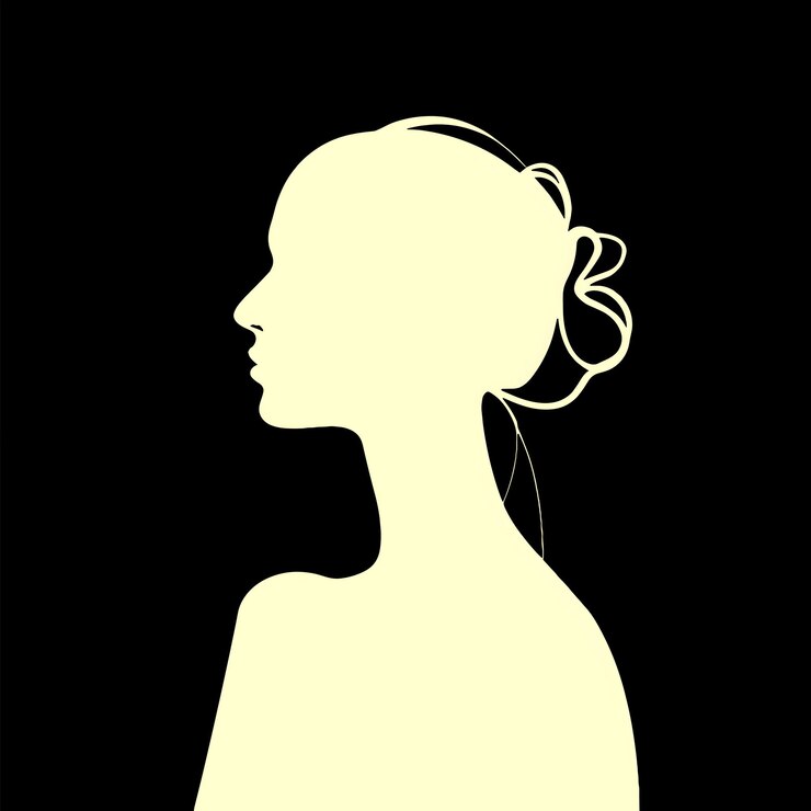 Vettore profilo di una donna in silhouette su uno sfondo nero con un contorno bianco