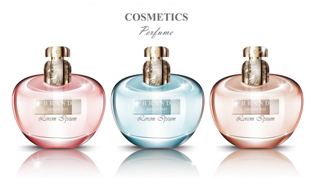 Profumi da collezione per donna. Realistici disegni di imballaggio del prodotto vettoriale