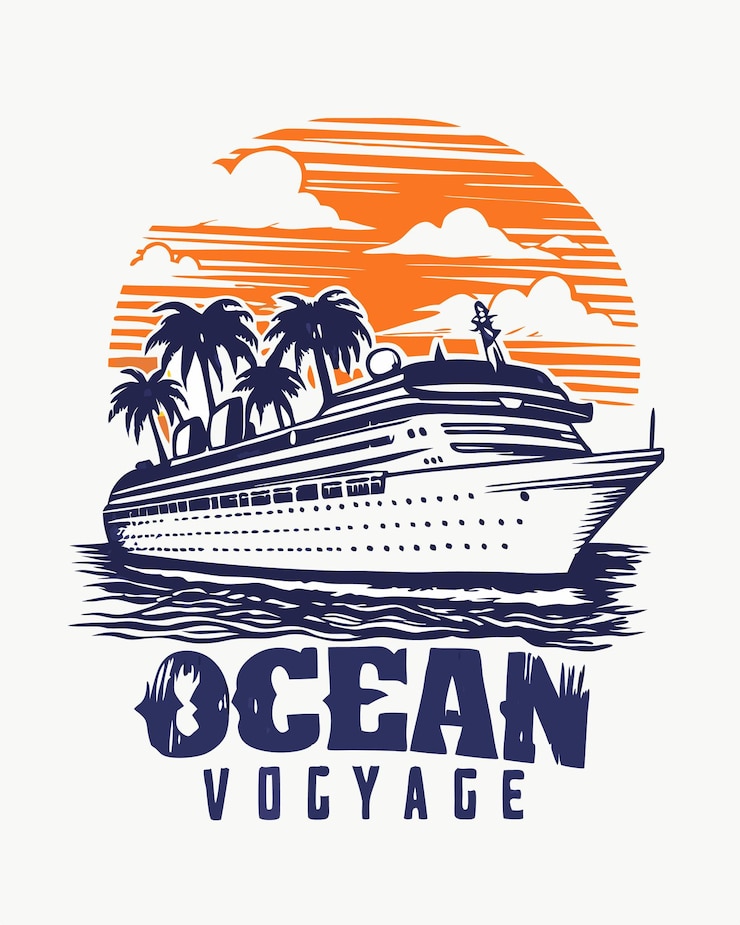 Vettore progetta un'arte panoramica di viaggio sull'oceano con una nave da crociera, il tramonto e le vibrazioni delle isole tropicali.