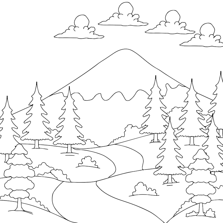 Vettore progettare la pagina da colorare di contorno del paesaggio della natura