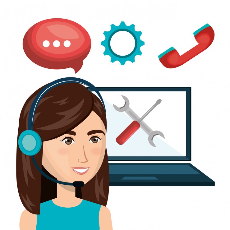 Vettore progettazione del centro di chiamata di servizio di cliente della donna del computer portatile
