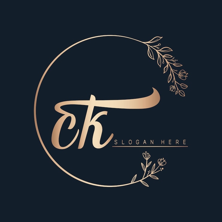 Vettore progettazione del logo ck calligrafico e vettoriale di firma con cerchio a foglia e fiore di colore oro