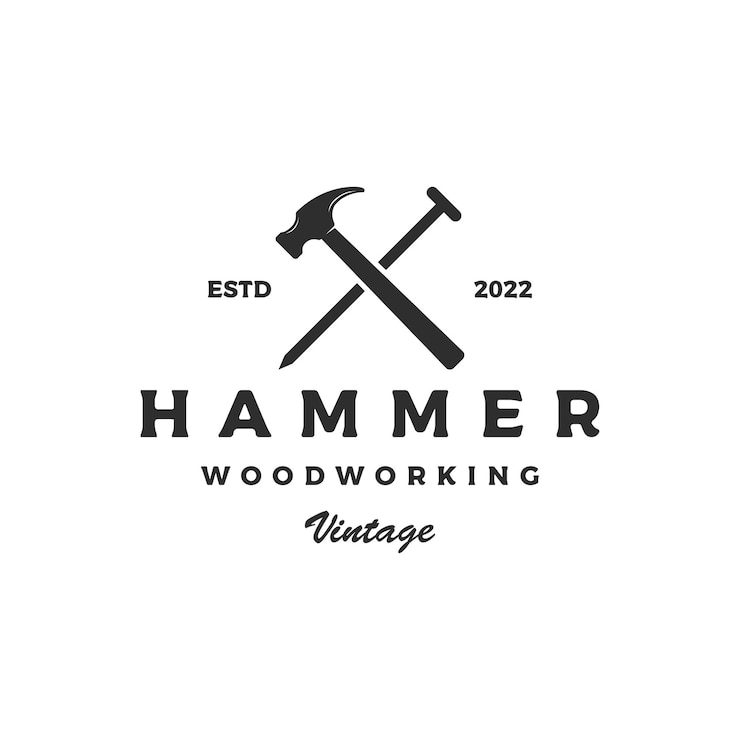 Vettore progettazione del logo retro vintage con martello e chiodi incrociatilogo per servizi di riparazione domestica falegnameria insigni lavorazione del legno