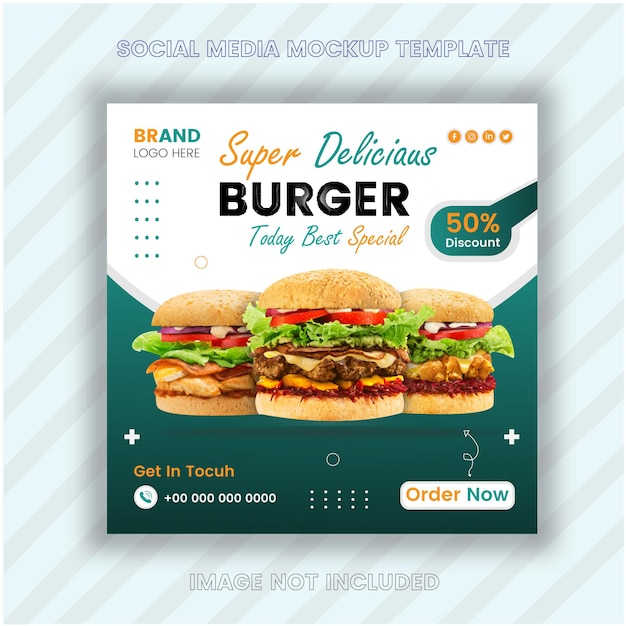 Progettazione del menu alimentare e deliziosi hamburger social media post promozione square banner psd