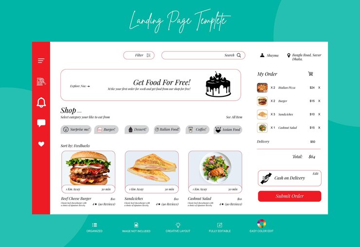 Vettore progettazione del modello di pagina di destinazione di delicious food