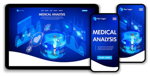Progettazione del modello di sito web. Analisi medica del concetto isometrico, i medici lavorano su schermi virtuali. Pagina di destinazione del web design. Facile da modificare e personalizzare, interfaccia utente adattabile.