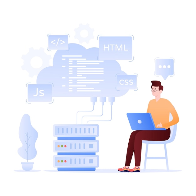 Progettazione dell'illustrazione piatta dell'hosting dati della codifica cloud