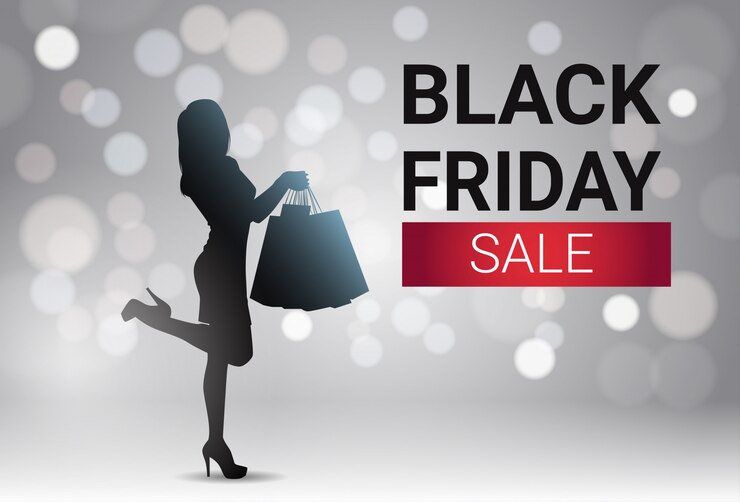 Vettore progettazione dell&#39;insegna di vendita di black friday con la festa femminile del fondo di bokeh delle luci della femmina della siluetta sopra