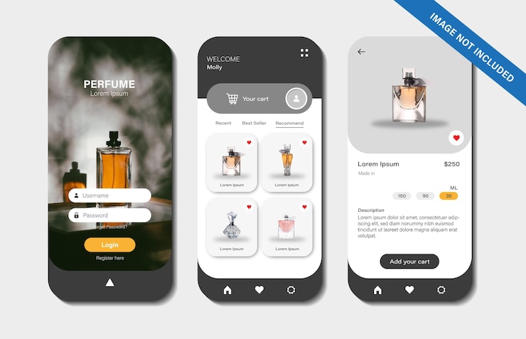 Vettore progettazione dell'interfaccia della schermata dell'app perfume