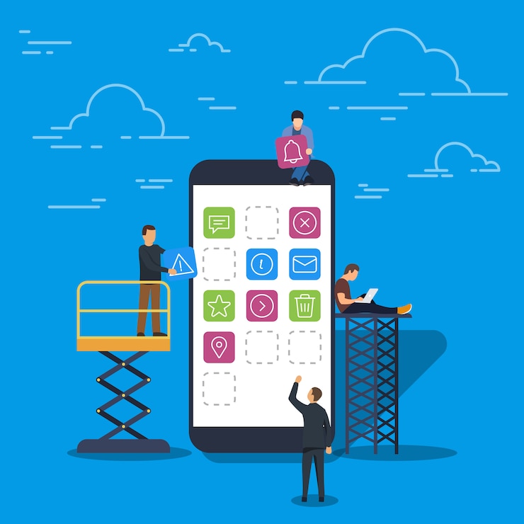 Vettore progettazione di app mobili e concetto di sviluppo dell'interfaccia utente. giovani uomini e donne che utilizzano computer portatile per il lavoro di gruppo.