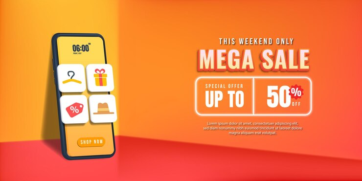 Vettore progettazione di banner mega sale in illustrazione 3d su sfondo giallo vendita su smartphone con sconto tag