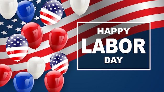 Progettazione di carta di festa del lavoro Palloncini bandiera americana sullo sfondo