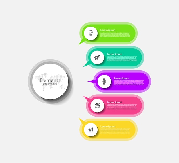 Progettazione di elementi infografici aziendali colorati con cinque fasi
