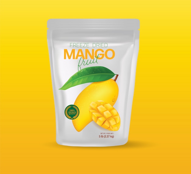 Progettazione di imballaggio Mango fresco con l'illustrazione delle foglie e delle fette