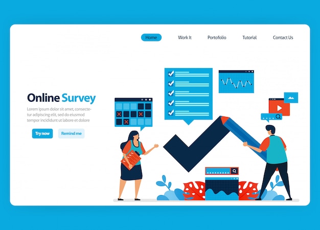 Progettazione di landing page per sondaggi ed esami online, compilando sondaggi con Internet e software di validazione. Illustrazione piatta