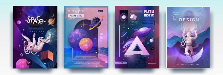 Vettore progettazione di manifesti spaziali galassia futura scienza e volo di astronauti pianeti e forme geometriche 3d cosmo psichedelico uomo universo bandiere di scoperta set sfondi astratti vettoriali