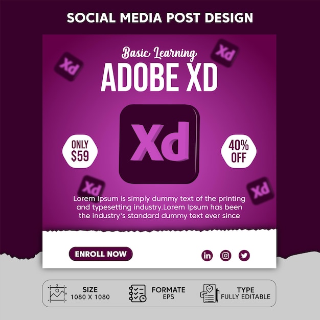 Progettazione di modelli di post sui social media per l'apprendimento di Adobe Xd