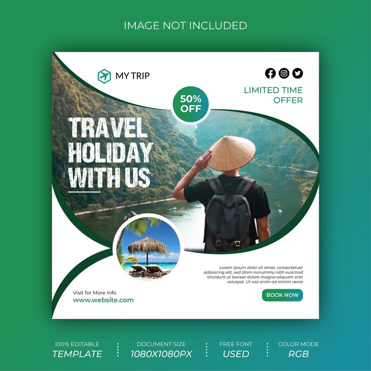 Progettazione di post per banner sui social media dell'agenzia di viaggi