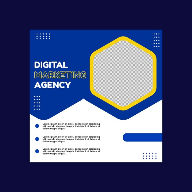 progettazione di post sui social media blu e giallo per aziende di marketing digitale, creative e assicurative