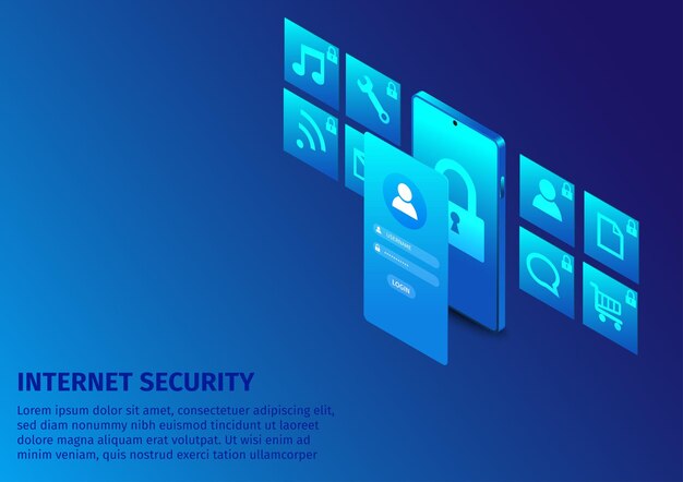 Progettazione di sicurezza internet isometrica cloud computing e tecnologia di rete smartphone isometrica