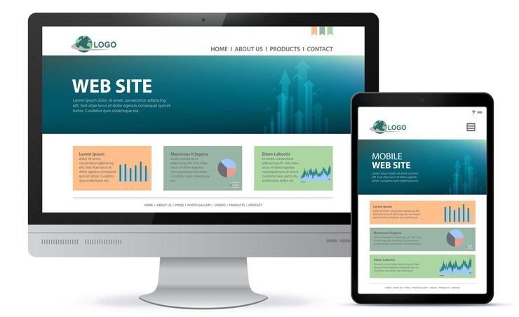Progettazione di siti Web reattivi con lo schermo del computer desktop e l'illustrazione del computer tablet