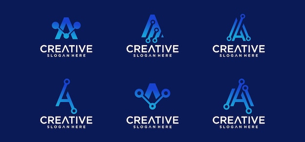 Progettazione di un logo tecnologico Un set di logo con linee tecnologiche vettoriali