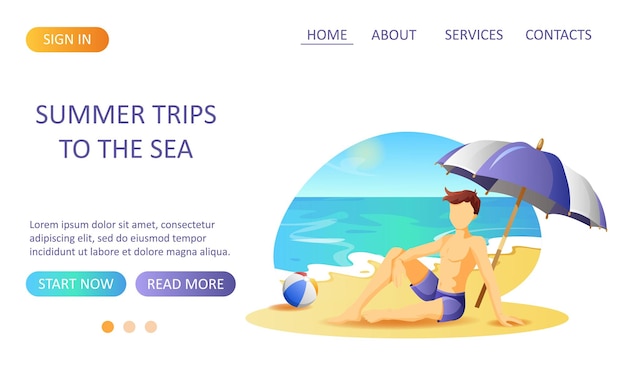 Progettazione di un sito web con un uomo che riposa in riva al mare