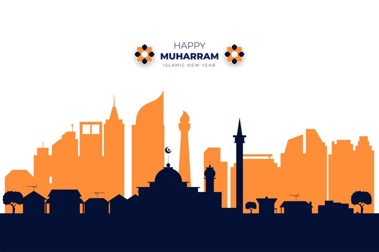 Progettazione e illustrazione della celebrazione del muharram con il paesaggio della città di Jakarta