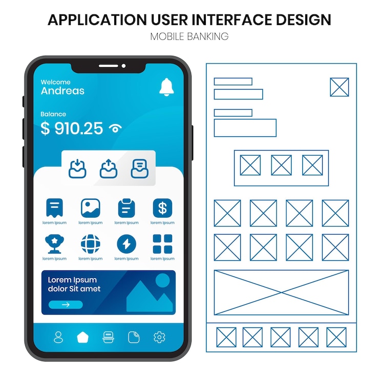 Vettore progettazione e wireframe dell'interfaccia utente mobile dell'applicazione bancaria