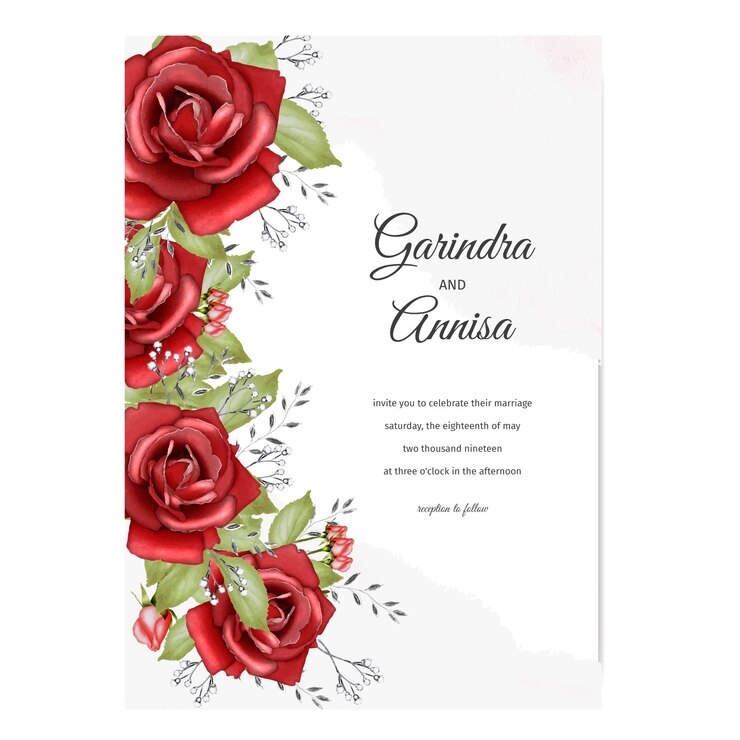 Progettazione elegante del modello della carta dell'invito di nozze dell'acquerello con le rose e le foglie