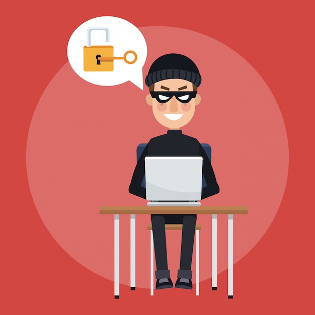 Progettazione grafica di lavoro dell'illustrazione di vettore del computer portatile del pirata informatico