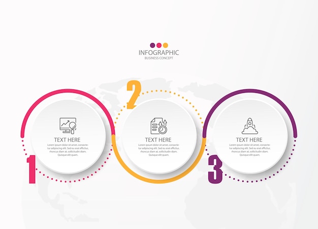 Progettazione infografica con icone e 3 opzioni o passaggi.
